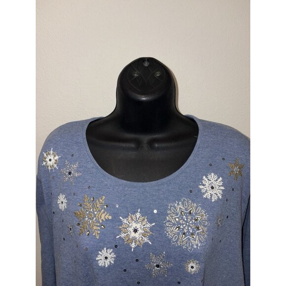 Croft & Barrow Womens Plus Size 3X Top Long Sleeve Winter Snowflake Accents Blue - Picture 4 of 8